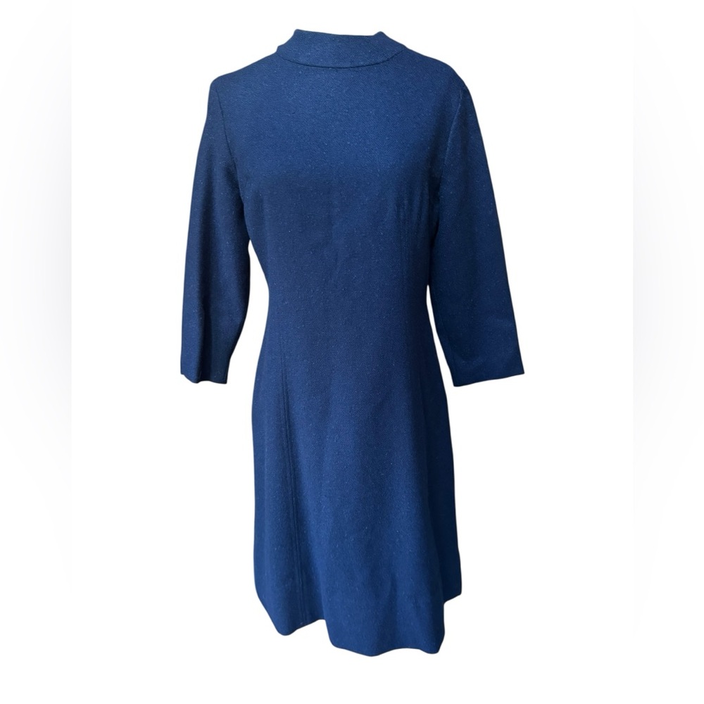 1960s John Meyer of Norwich Navy Mock Neck Lined‎ Wool 3/4 Sleeves Shift Dress